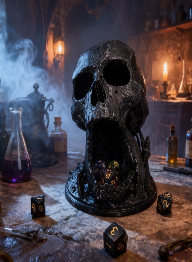 XJPONGC Skull Dice Tower Dungeons and Dragons 28mm D20 Miniature Wargaming RPG abletop Roleplaying Game Jail D&D (Random 7PCS D20 Dice Set Included) Black - Image 2